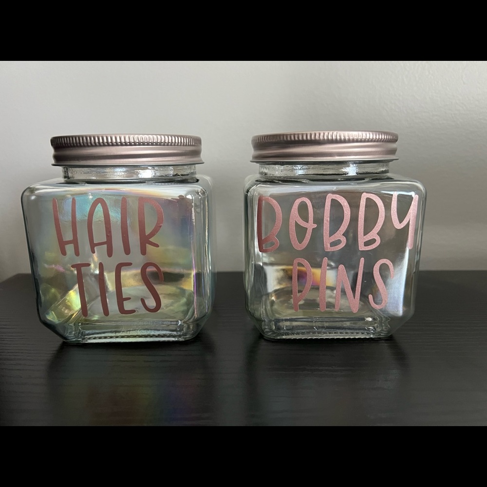 Hair ties and Bobby pins jars about 3.5 inches tall perfect for Organization ￼